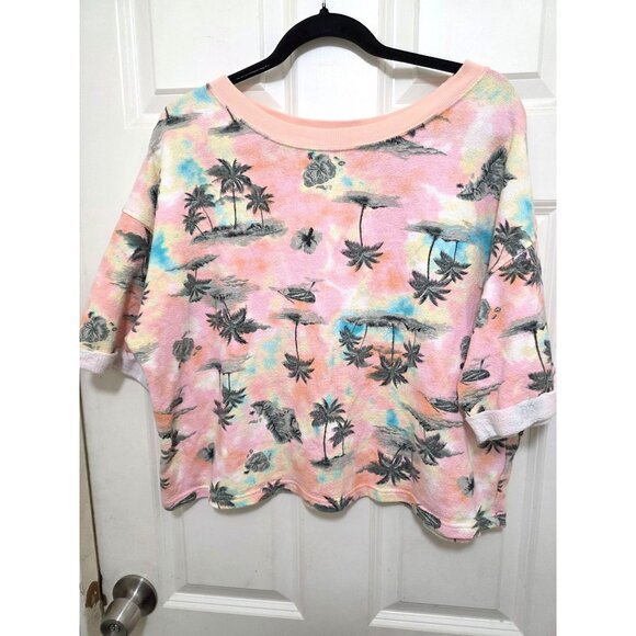 Old Navy Festival Tropical Print Women's Sweatshirt L Cotton Blend Pastel Pink - Picture 2 of 6